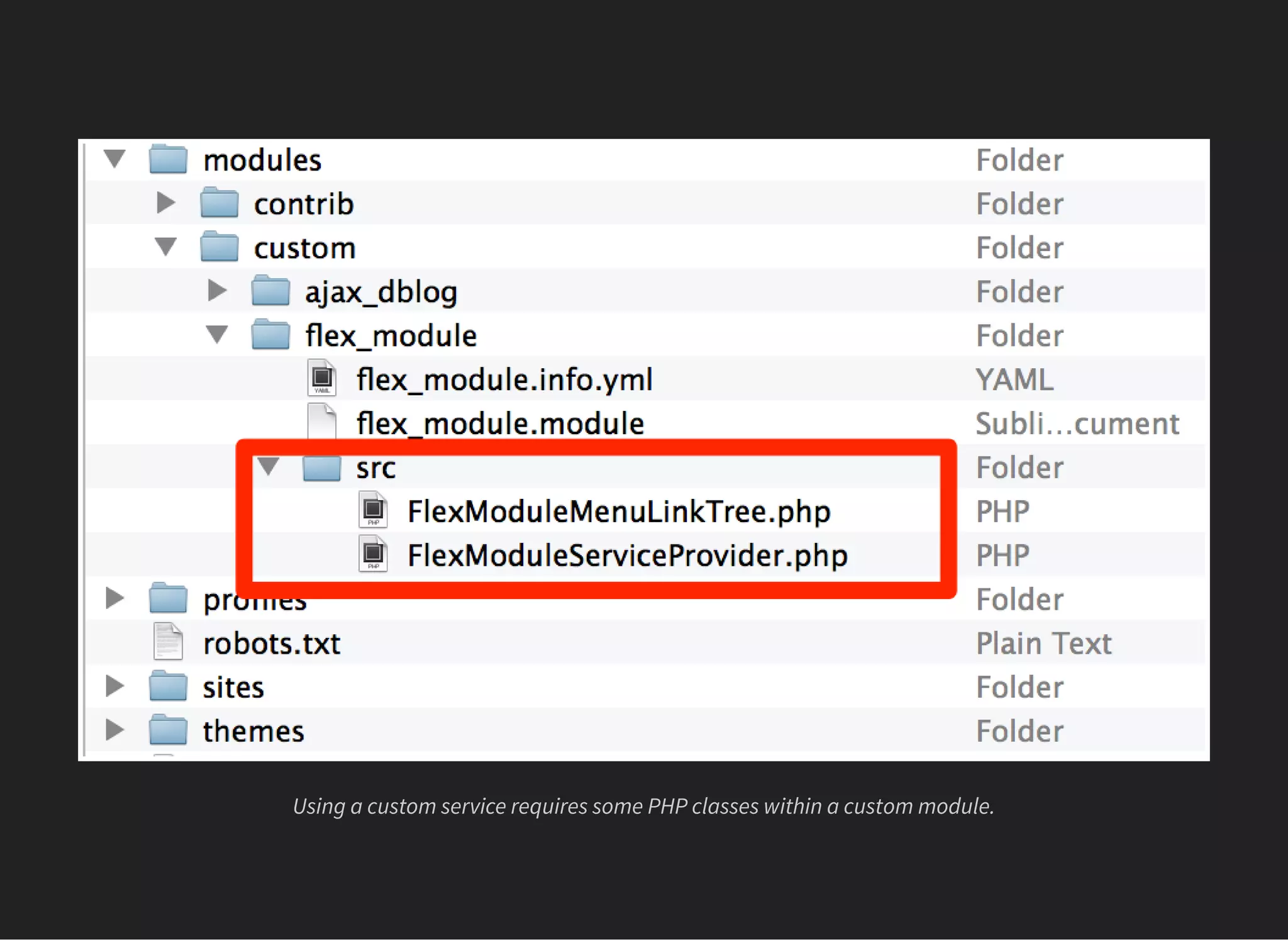 Using a custom service requires some PHP classes within a custom module.
 