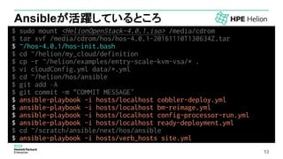 13
Ansibleが活躍しているところ
$ sudo mount <HelionOpenStack-4.0.1.iso> /media/cdrom
$ tar xvf /media/cdrom/hos/hos-4.0.1-20161110T130634Z.tar
$ ~/hos-4.0.1/hos-init.bash
$ cd ~/helion/my_cloud/definition
$ cp -r ~/helion/examples/entry-scale-kvm-vsa/* .
$ vi cloudConfig.yml data/*.yml
$ cd ~/helion/hos/ansible
$ git add –A
$ git commit -m "COMMIT MESSAGE“
$ ansible-playbook -i hosts/localhost cobbler-deploy.yml
$ ansible-playbook -i hosts/localhost bm-reimage.yml
$ ansible-playbook -i hosts/localhost config-processor-run.yml
$ ansible-playbook -i hosts/localhost ready-deployment.yml
$ cd ~/scratch/ansible/next/hos/ansible
$ ansible-playbook -i hosts/verb_hosts site.yml
13
 