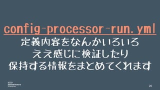20
config-processor-run.yml
定義内容をなんかいろいろ
ええ感じに検証したり
保持する情報をまとめてくれます
 
