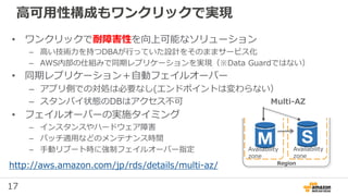 17
高可用性構成もワンクリックで実現
• ワンクリックで耐障害性を向上可能なソリューション
– 高い技術力を持つDBAが行っていた設計をそのままサービス化
– AWS内部の仕組みで同期レプリケーションを実現（※Data Guardではない）
• 同期レプリケーション＋自動フェイルオーバー
– アプリ側での対処は必要なし(エンドポイントは変わらない）
– スタンバイ状態のDBはアクセス不可
• フェイルオーバーの実施タイミング
– インスタンスやハードウェア障害
– パッチ適用などのメンテナンス時間
– 手動リブート時に強制フェイルオーバー指定
http://aws.amazon.com/jp/rds/details/multi-az/ Region
Multi-AZ
Availability
zone
Availability
zone
 