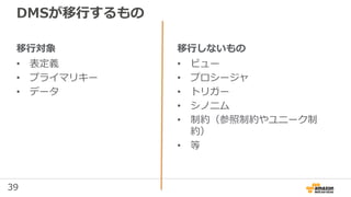 39
移行対象
• 表定義
• プライマリキー
• データ
DMSが移行するもの
移行しないもの
• ビュー
• プロシージャ
• トリガー
• シノニム
• 制約（参照制約やユニーク制
約）
• 等
 