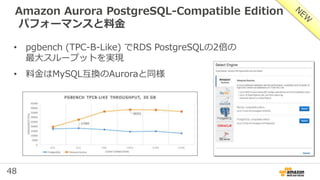 48
• pgbench (TPC-B-Like) でRDS PostgreSQLの2倍の
最大スループットを実現
• 料金はMySQL互換のAuroraと同様
Amazon Aurora PostgreSQL-Compatible Edition
パフォーマンスと料金
 