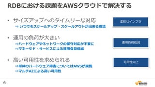 6
RDBにおける課題をAWSクラウドで解決する
• サイズアップへのタイムリーな対応
⇒ いつでもスケールアップ・スケールアウトが出来る環境
• 運用の負荷が大きい
⇒ハードウェアやネットワークの保守対応が不要に
⇒マネージド・サービスによる運用負荷低減
• 高い可用性を求められる
⇒単体のハードウェア障害についてはAWSが実施
⇒マルチAZによる高い可用性
柔軟なインフラ
運用負荷低減
可用性向上
 