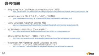 69
参考情報
• Migrating Your Databases to Amazon Aurora (英語）
– https://d0.awsstatic.com/whitepapers/RDS/Migrating%20your%20databases%20to%20Amazon%20Aurora.pdf
• Amazon Aurora DB クラスターへのデータの移行
– https://docs.aws.amazon.com/ja_jp/AmazonRDS/latest/UserGuide/Aurora.Migrate.html
• AWS Database Migration Service 解説
– http://www.slideshare.net/AmazonWebServicesJapan/black-belt-online-seminar-aws-amazon-rds
• RDBのAWSへの移行方法（Oracleを例に）
– http://www.slideshare.net/AmazonWebServicesJapan/20150728-rd-bmigrationpublic
• Oracle RDSにおけるデータ移行（マニュアル）
– http://docs.aws.amazon.com/ja_jp/AmazonRDS/latest/UserGuide/Oracle.Procedural.Importing.html
• Strategies for Migrating Oracle Database to AWS
– AWSのホワイトペーパー(PDF)。具体的な作業内容が記載されています
– http://d0.awsstatic.com/whitepapers/strategies-for-migrating-oracle-database-to-aws.pdf
 