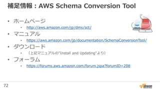 72
補足情報：AWS Schema Conversion Tool
• ホームページ
• http://aws.amazon.com/jp/dms/sct/
• マニュアル
• https://aws.amazon.com/jp/documentation/SchemaConversionTool/
• ダウンロード
• （上記マニュアルの"Install and Updating"より）
• フォーラム
• https://forums.aws.amazon.com/forum.jspa?forumID=208
 