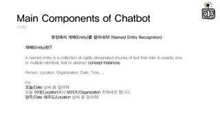 Main Components of Chatbot
Entity
???? ??(Entity)? ????! (Named Entity Recognition)
A named entity is a collection of rigidly designated chunks of text that refer to exactly one
or multiple identical, real or abstract concept instances.
Person, Location, Organization, Date, Time, ...
Ex)
??/Date ?? ? ???
?? ??/Location?? ???/Organization ???? ???.
??/Date ???/Location ?? ? ???!
??(Entity)??
 