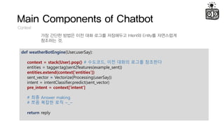 Main Components of Chatbot
Context
?? ??? ??? ?? ?? ??? ????? Intent? Entity? ?????
???? ?.
def weatherBotEngine(User,userSay):
context = stack(User).pop() # ????, ?? ??? ??? ????
entities = tagger.tag(sent2features(example_sent))
entities.extend(context['entities'])
sent_vector = Vectorize(Processing(userSay))
intent = intentClassifier.predict(sent_vector)
pre_intent = context[intent]
# ?? Answer making
# ?? ??? ?? ~_~
return reply
 