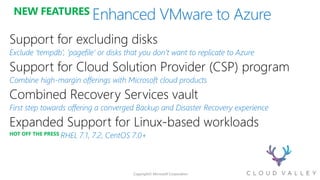 NEW FEATURES
Exclude ‘tempdb’, ‘pagefile’ or disks that you don’t want to replicate to Azure
Combine high-margin offerings with Microsoft cloud products
First step towards offering a converged Backup and Disaster Recovery experience
HOT OFF THE PRESS RHEL 7.1, 7.2, CentOS 7.0+
 