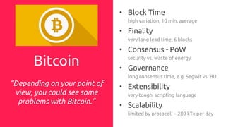 Bitcoin
“Depending on your point of
view, you could see some
problems with Bitcoin.”
• Block Time
high variation, 10 min. average
• Finality
very long lead time, 6 blocks
• Consensus - PoW
security vs. waste of energy
• Governance
long consensus time, e.g. Segwit vs. BU
• Extensibility
very tough, scripting language
• Scalability
limited by protocol, ~ 280 kTx per day
 