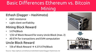 Basic Differences Ethereum vs. Bitcoin
Mining
Ethash (Dagger – Hashimoto)
• ASIC-resistance
• Light client verifiability
Source: https://github.com/ethereum/wiki/blob/master/Dagger-Hashimoto.md
Mining Block Reward
• 5 ETH/Block
• 1/32 of Block Reward for every Uncle Block (max. 2)
• All ETH for transactions and EVM computation
Uncle Block Reward
• 7/8 of Block Reward à 4.375 ETH/Block
 