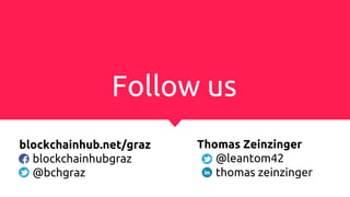 Follow us
blockchainhub.net/graz
blockchainhubgraz
@bchgraz
Thomas Zeinzinger
@leantom42
thomas zeinzinger
 
