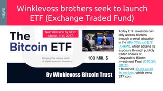 Winklevoss brothers seek to launch
ETF (Exchange Traded Fund)
NEWS
Today ETF investors can
only access bitcoins
through a small allocation
in the ARK Web x.0 ETF
(ARKW), which obtains its
exposure through publicly
traded shares of
Grayscale’s Bitcoin
Investment Trust (OTCQX:
GBTC).
If launched, COIN would
list on Bats, which owns
ETF.com.
Next decision by SEC:
March 11th, 2017
100 Mill. $
 