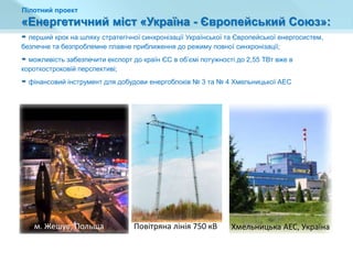 Пілотний проект
«Енергетичний міст «Україна - Європейський Союз»:
- перший крок на шляху стратегічної синхронізації Української та Європейської енергосистем,
безпечне та безпроблемне плавне приближення до режиму повної синхронізації;
- можливість забезпечити експорт до країн ЄС в об’ємі потужності до 2,55 ТВт вже в
короткостроковій перспективі;
- фінансовий інструмент для добудови енергоблоків № 3 та № 4 Хмельницької АЕС
Хмельницька АЕС, УкраїнаПовітряна лінія 750 кВм. Жешув, Польща
 