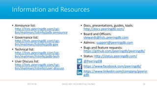 Information and Resources
• Announce list:
http://lists.peeringdb.com/cgi-
bin/mailman/listinfo/pdb-announce
• Governance list:
http://lists.peeringdb.com/cgi-
bin/mailman/listinfo/pdb-gov
• Technical list:
http://lists.peeringdb.com/cgi-
bin/mailman/listinfo/pdb-tech
• User Discuss list:
http://lists.peeringdb.com/cgi-
bin/mailman/listinfo/user-discuss
• Docs, presentations, guides, tools:
http://docs.peeringdb.com/
• Board and Officers:
stewards@lists.peeringdb.com
• Admins: support@peeringdb.com
• Bugs and feature requests:
https://github.com/peeringdb/peeringdb/
• Status: http://status.peeringdb.com/
• @PeeringDB
• https://www.facebook.com/peeringdb/
• https://www.linkedin.com/company/peerin
gdb
2017-02-28 Apricot 2017, Ho Chi Minh City, Viet Nam 24
 