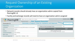 Request Ownership of an Existing
Organization
• Network records should already have an organization admin copied from
PeeringDB 1.0
• Facility and exchange records will need to have an organization admin assigned
2017-02-28 Apricot 2017, Ho Chi Minh City, Viet Nam 28
Click “Request Ownership”
Generates a Support Ticket for Validation and Approval
 