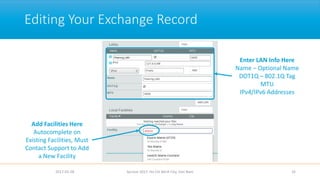 Editing Your Exchange Record
2017-02-28 Apricot 2017, Ho Chi Minh City, Viet Nam 32
Enter LAN Info Here
Name – Optional Name
DOT1Q – 802.1Q Tag
MTU
IPv4/IPv6 Addresses
Add Facilities Here
Autocomplete on
Existing Facilities, Must
Contact Support to Add
a New Facility
 