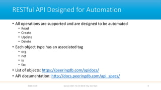 RESTful API Designed for Automation
• All operations are supported and are designed to be automated
• Read
• Create
• Update
• Delete
• Each object type has an associated tag
• org
• net
• ix
• fac
• List of objects: https://peeringdb.com/apidocs/
• API documentation: http://docs.peeringdb.com/api_specs/
2017-02-28 Apricot 2017, Ho Chi Minh City, Viet Nam 8
 