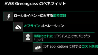 AWS Greengrass のベネフィット
ローカルイベントに対する即時応答
オフライン オペレーション
簡易化された デバイス上でのプログラ
ミング
IoT applicationsに対するコスト削減
 