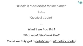 “Bitcoin is a database for the planet”
But…
Queries? Scale?
….
What if we had this?
What would that look like?
Could we truly get a database at planetary scale?
 