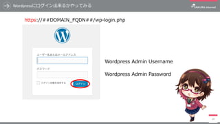 Wordpressにログイン出来るかやってみる
24
Wordpress Admin Password
Wordpress Admin Username
https://##DOMAIN_FQDN##/wp-login.php
 
