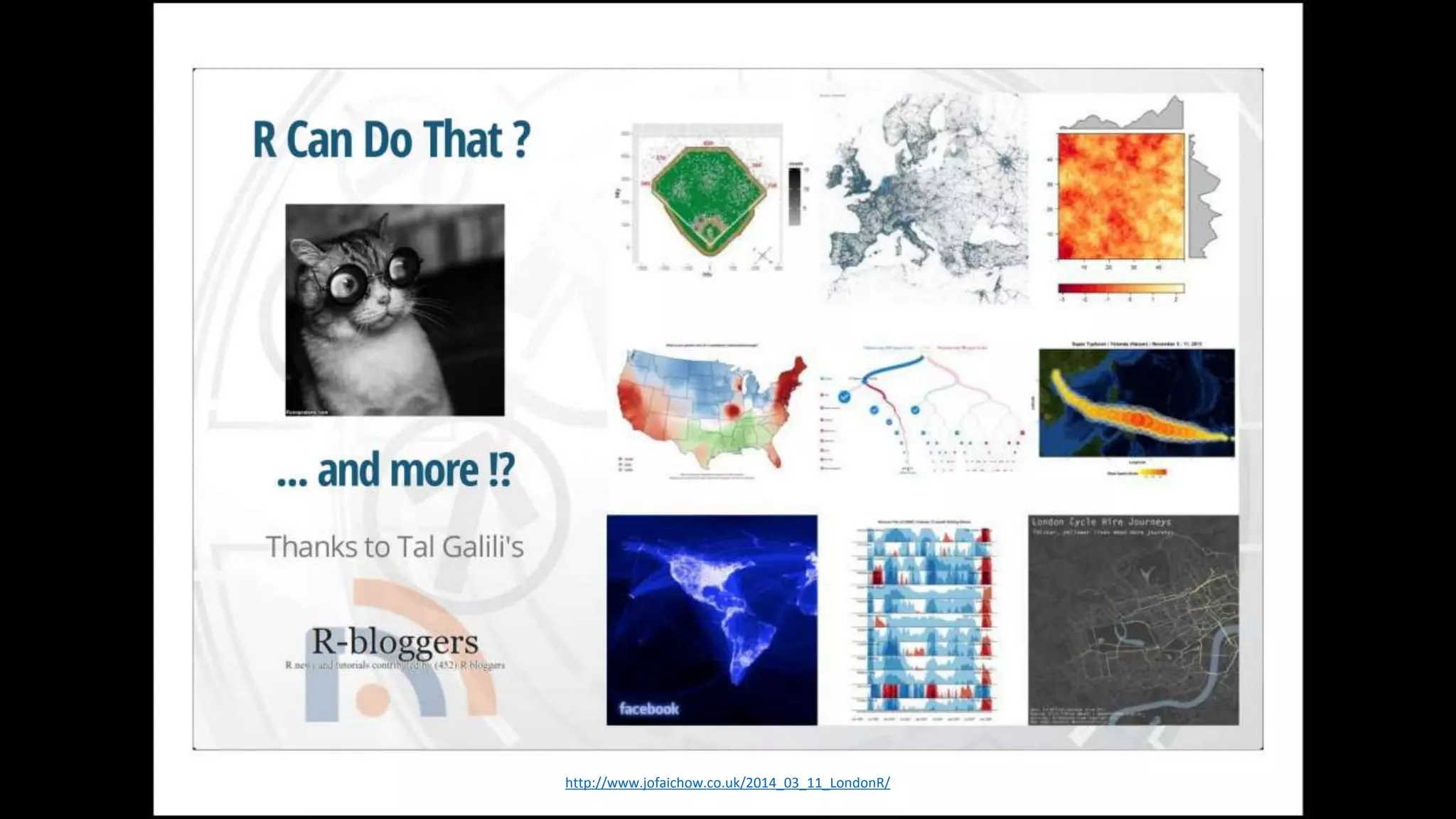 Cool Things People Created with R
14http://www.jofaichow.co.uk/2014_03_11_LondonR/
 