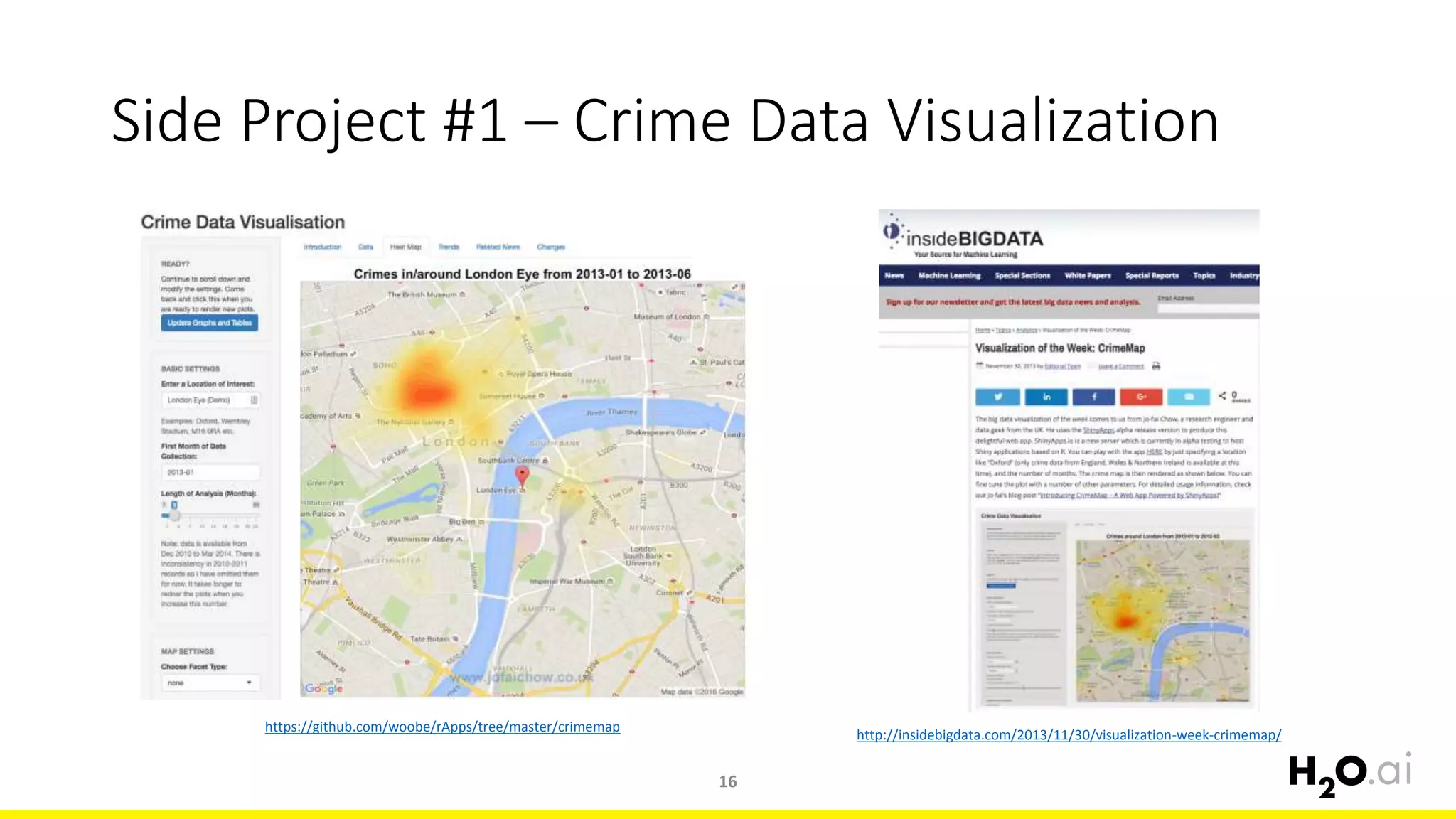 Side Project #1 – Crime Data Visualization
16
https://github.com/woobe/rApps/tree/master/crimemap
http://insidebigdata.com/2013/11/30/visualization-week-crimemap/
 