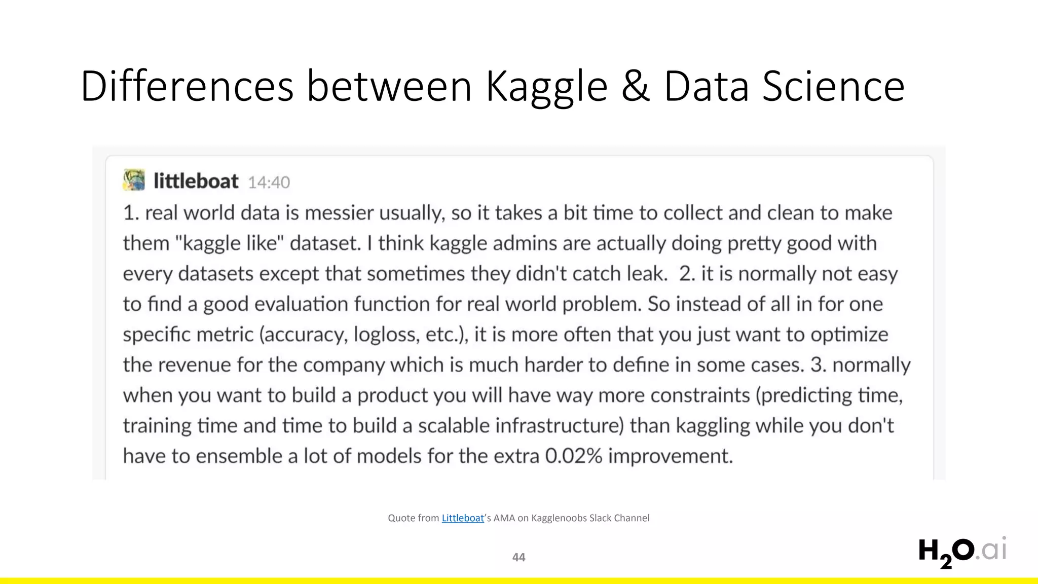 Differences between Kaggle & Data Science
44
Quote from Littleboat’s AMA on Kagglenoobs Slack Channel
 