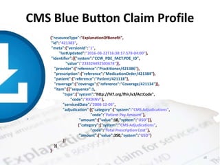 ®
18
{"resourceType":"ExplanationOfBenefit",
"id":"421383",
"meta":{"versionId":"1",
"lastUpdated":"2016-03-22T16:38:17.578-04:00"},
"identifier":[{"system":"CCW_PDE_FACT.PDE_ID",
"value":"233324492503674"}],
"provider":{"reference":"Practitioner/421386"},
"prescription":{"reference":"MedicationOrder/421384"},
"patient":{"reference":"Patient/421118"},
"coverage":{"coverage":{"reference":"Coverage/421134"}},
"item":[{"sequence":1,
"type":{"system":"http://hl7.org/fhir/v3/ActCode",
"code":"RXDINV"},
"servicedDate":"2008-12-05",
"adjudication":[{"category":{"system":"CMS Adjudications",
"code":"Patient Pay Amount"},
"amount":{"value":10,"system":"USD"}},
{"category":{"system":"CMS Adjudications",
"code":"Total Prescription Cost"},
"amount":{"value":350,"system":"USD"}
}]
}]
}
CMS Blue Button Claim Profile
 