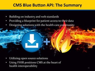 22
• Building on industry and web standards
• Providing a blueprint for patient access to their data
• Designing solutions with the health care community
• Utilizing open source solutions
• Using FHIR positions CMS at the heart of
health interoperability
CMS Blue Button API: The Summary
 