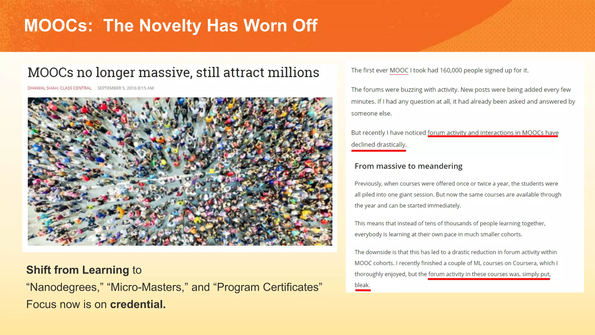 MOOCs: The Novelty Has Worn Off
Shift from Learning to
“Nanodegrees,” “Micro-Masters,” and “Program Certificates”
Focus now is on credential.
 