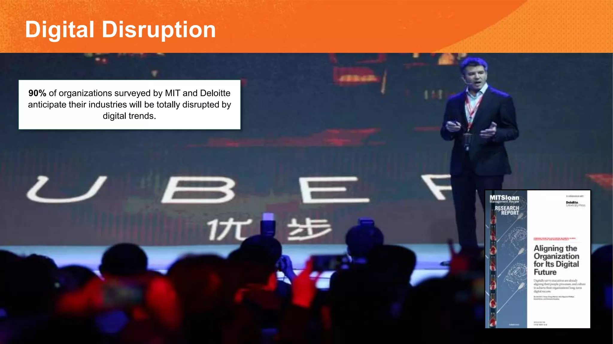 90% of organizations surveyed by MIT and Deloitte
anticipate their industries will be totally disrupted by
digital trends.
Digital Disruption
 