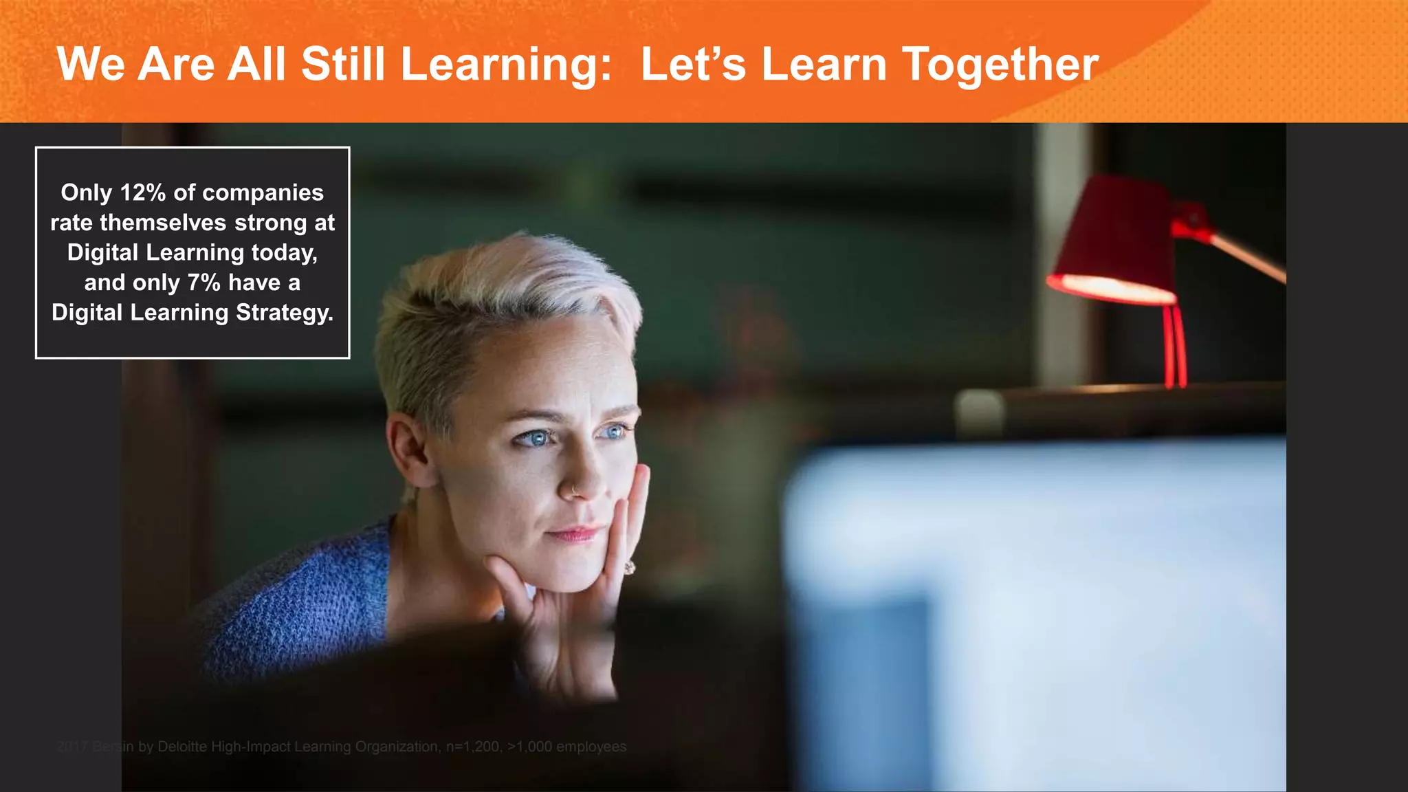 We Are All Still Learning: Let’s Learn Together
2017 Bersin by Deloitte High-Impact Learning Organization, n=1,200, >1,000 employees
Only 12% of companies
rate themselves strong at
Digital Learning today,
and only 7% have a
Digital Learning Strategy.
 