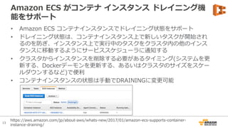 13
Amazon ECS がコンテナ インスタンス ドレイニング機
能をサポート
• Amazon ECS コンテナインスタンスでドレイニング状態をサポート
• ドレイニング状態は、コンテナインスタンス上で新しいタスクが開始され
るのを防ぎ、インスタンス上で実⾏中のタスクをクラスタ内の他のインス
タンスに移動するようにサービススケジューラに通知する
• クラスタからインスタンスを削除する必要があるタイミング(システムを更
新する、Dockerデーモンを更新する、あるいはクラスタのサイズをスケー
ルダウンするなど)で便利
• コンテナインスタンスの状態は⼿動でDRAININGに変更可能
https://aws.amazon.com/jp/about-aws/whats-new/2017/01/amazon-ecs-supports-container-
instance-draining/
 