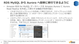 22
RDS MySQL から Aurora へ簡単に移⾏できるように
• Amazon RDS for MySQL データベースを Amazon Aurora に Aurora
Read Replica を作成して移⾏する機能が利⽤可能に
– これまでもスナップショットを作成して移⾏できたが、スナップショットを作
成した後の更新内容は、2 つのデータベース間でのレプリケーションを⼿動で
設定する必要があった
– このアップデートにより、AWS マネジメントコンソールで、スナップショット
の作成、復元、残りの更新内容のレプリケーションが 1 つのステップで処理さ
れるため、今まで以上に Amazon Aurora への移⾏が容易に
https://aws.amazon.com/jp/about-aws/whats-new/2017/01/easy-migration-from-rds-mysql-to-
aurora/
 