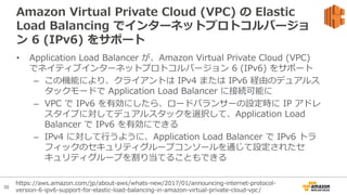 30
Amazon Virtual Private Cloud (VPC) の Elastic
Load Balancing でインターネットプロトコルバージョ
ン 6 (IPv6) をサポート
• Application Load Balancer が、Amazon Virtual Private Cloud (VPC)
でネイティブインターネットプロトコルバージョン 6 (IPv6) をサポート
– この機能により、クライアントは IPv4 または IPv6 経由のデュアルス
タックモードで Application Load Balancer に接続可能に
– VPC で IPv6 を有効にしたら、ロードバランサーの設定時に IP アドレ
スタイプに対してデュアルスタックを選択して、Application Load
Balancer で IPv6 を有効にできる
– IPv4 に対して⾏うように、Application Load Balancer で IPv6 トラ
フィックのセキュリティグループコンソールを通じて設定されたセ
キュリティグループを割り当てることもできる
https://aws.amazon.com/jp/about-aws/whats-new/2017/01/announcing-internet-protocol-
version-6-ipv6-support-for-elastic-load-balancing-in-amazon-virtual-private-cloud-vpc/
 