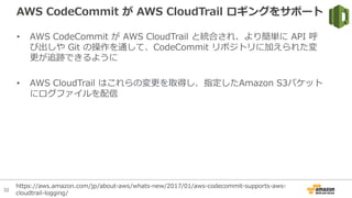 32
AWS CodeCommit が AWS CloudTrail ロギングをサポート
• AWS CodeCommit が AWS CloudTrail と統合され、より簡単に API 呼
び出しや Git の操作を通して、CodeCommit リポジトリに加えられた変
更が追跡できるように
• AWS CloudTrail はこれらの変更を取得し、指定したAmazon S3バケット
にログファイルを配信
https://aws.amazon.com/jp/about-aws/whats-new/2017/01/aws-codecommit-supports-aws-
cloudtrail-logging/
 