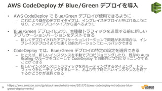 34
AWS CodeDeploy が Blue/Green デプロイを導⼊
• AWS CodeDeploy で Blue/Green デプロイが使⽤できるように
– これにより既存のデプロイタイプは、インプレイスデプロイと呼ばれるように
なり、2つのデプロイタイプから選べるように
• Blue/Green デプロイにより、本稼働トラフィックを送信する前に新しい
アプリケーションバージョンをテストできる
– 新しくデプロイされたアプリケーションバージョンで問題がある場合は、イン
プレイスデプロイよりも速く以前のバージョンにロールバックできる
• CodeDeploy では、Blue/Green デプロイの特定の設定を選択できる
– たとえば、新しいインスタンスを⼿動でプロビジョニングしたり、既存の Auto
Scaling グループをコピーして CodeDeploy で⾃動的にプロビジョニングする
ことができる
– 新しいインスタンスにトラフィックを再ルーティングするタイミング、トラ
フィックをルーティングするレート、および完了時に古いインスタンスを終了
するかどうかが選択できる
https://aws.amazon.com/jp/about-aws/whats-new/2017/01/aws-codedeploy-introduces-blue-
green-deployments/
 