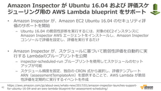 42
Amazon Inspector が Ubuntu 16.04 および 評価スケ
ジューリング⽤の AWS Lambda blueprint をサポート
• Amazon Inspector が、Amazon EC2 Ubuntu 16.04 のセキュリティ評
価のサポートを開始
– Ubuntu 16.04 の脆弱性診断を実⾏するには、対象のEC2インスタンスに
Amazon Inspector AWS エージェントをインストールし、Amazon Inspector
コンソールで評価を設定し、評価を実⾏するだけ
• Amazon Inspector が、スケジュールに基づいて脆弱性評価を⾃動的に実
⾏する Lambdaのブループリントを公開
– inspector-scheduled-run ブループリントを使⽤してスケジュールのセット
アップが可能
– スケジュール頻度を固定、独⾃の CRON 式から選択し、評価テンプレート
ARN（assessmentTemplateArn）を提供することで、AWS Lambda が脆弱
性評価を定期的に実⾏するイベントを作成
https://aws.amazon.com/jp/about-aws/whats-new/2017/01/amazon-inspector-launches-support-
for-ubuntu-16-04-and-an-aws-lambda-blueprint-for-assessment-scheduling/
 