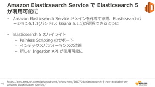 45
Amazon Elasticsearch Service で Elasticsearch 5
が利⽤可能に
• Amazon Elasticsearch Service ドメインを作成する際、Elasticsearchバ
ージョン5.1.1(バンドル: kibana 5.1.1)が選択できるように
• Elasticsearch 5 のハイライト
– Painless Scripting のサポート
– インデックスパフォーマンスの改善
– 新しい Ingestion API が使⽤可能に
https://aws.amazon.com/jp/about-aws/whats-new/2017/01/elasticsearch-5-now-available-on-
amazon-elasticsearch-service/
 