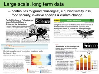 Large scale, long term data
 contributes to ‘grand challenges’, e.g. biodiversity loss,
food security, invasive species & climate change
 
