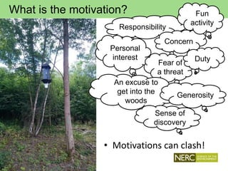 • Motivations can clash!
Responsibility
Concern
Fun
activity
Personal
interest
Fear of
a threat
Duty
What is the motivation?
An excuse to
get into the
woods
Generosity
Sense of
discovery
 