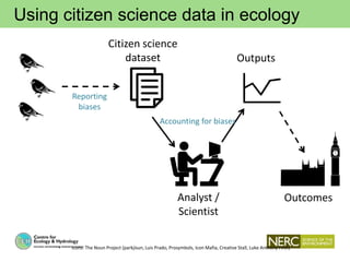 Using citizen science data in ecology
• Icons: The Noun Project (parkjisun, Luis Prado, Prosymbols, Icon Mafia, Creative Stall, Luke Anthony Firth)
Citizen science
dataset Outputs
Analyst /
Scientist
Outcomes
Reporting
biases
Accounting for biases
 