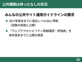 公共機関は待ったなしの状況
みんなの公共サイト運用ガイドラインの要求
 2017年度末までに適合レベルAAに準拠
（試験の実施と公開）
 「ウェブアクセシビリティ取組確認・評価表」を
毎年度末までに公開を推奨
68
 