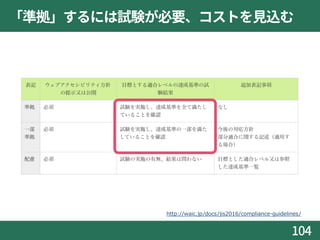 「準拠」するには試験が必要、コストを見込む
104
http://waic.jp/docs/jis2016/compliance-guidelines/
 