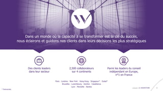 confidentiel | © WAVESTONE 2
Des clients leaders
dans leur secteur
2,500 collaborateurs
sur 4 continents
Parmi les leaders du conseil
indépendant en Europe,
n°1 en France
* Partenariats
Paris | Londres | New York | Hong Kong | Singapour* | Dubaï*
Bruxelles | Luxembourg | Genève | Casablanca
Lyon | Marseille | Nantes
Dans un monde où la capacité à se transformer est la clé du succès,
nous éclairons et guidons nos clients dans leurs décisions les plus stratégiques
 