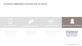 confidentiel | © WAVESTONE 30
Les besoins additionnels rencontrés chez nos clients
Navigation sans couture
entre application natives
mobiles et vers ou depuis le
navigateur du terminal
Single Sign-On Mobile Authentification contextuelle Propagation de l’identité Protection contre le vol de jeton
Ajustement du niveau
d’authentification en
fonction de la sensibilité
de l’API consommée
Transmission de l’identité
de l’utilisateur aux APIs
backend et validation de la
chaîne d’appels
Rendre inopérant le vol
d’un jeton de sécurité
et ne pas dépendre de la
sécurité d’un terminal non
maîtrisé ou d’un tiers
 