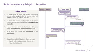 confidentiel | © WAVESTONE 32
Token Binding
/ La négociation à deux (ou trois) composants
permet de lier un jeton (ou un cookie) à une clé
publique et la clé privée associée
/ Le client doit prouver qu’il possède la clé privée
correspondante en établissant une connexion TLS
mutuelle
/ Le jeton contient (un hash de) la clé publique du
client, distincte pour chaque serveur d’API
/ Si le jeton (ou cookie) est intercepté, il est
inutilisable
/ Requiert compatibilité du client et des serveurs
› Edge, IE & Chrome disponibles en channels dev
› Module Apache disponible
Protection contre le vol de jeton : la solution
Client app APIAuthz. server
Ok, vois donc avec l’AS
et ce tokenBindingID
Génération d’un biclé
pour l’API cible
Je voudrais un jeton
avec ce tokenBindingID
Le voici
Je souhaite un accès,
voici ma clé publique
(TLS mutuel)
Voici mon jeton, lié à ma clé
publique et tokenBindingID
(TLS mutuel)
 