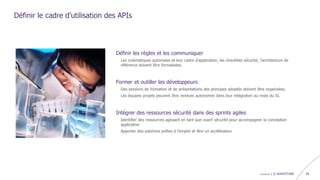 confidentiel | © WAVESTONE 36
Définir le cadre d’utilisation des APIs
Définir les règles et les communiquer
› Les cinématiques autorisées et leur cadre d’application, les checklists sécurité, l’architecture de
référence doivent être formalisées.
Intégrer des ressources sécurité dans des sprints agiles
› Identifier des ressources agissant en tant que coach sécurité pour accompagner la conception
applicative
› Apporter des solutions prêtes à l’emploi et être un accélérateur
Former et outiller les développeurs
› Des sessions de formation et de présentations des principes adoptés doivent être organisées.
› Les équipes projets peuvent être rendues autonomes dans leur intégration au reste du SI.
 