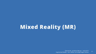 Takondi AG · Jonathan Werner · 14.03.2017
Augmented Reality – vom «Wow» zum langfristigen Nutzen
21
Mixed Reality (MR)
 