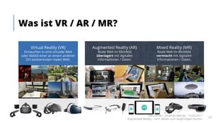 Was ist VR / AR / MR?
Virtual Reality (VR)
Eintauchen in eine virtuelle Welt
oder Abbild einer an einem anderen
Ort existierenden realen Welt.
Mixed Reality (MR)
Reale Welt im Blickfeld
vermischt mit digitalen
Informationen / Daten.
Augmented Reality (AR)
Reale Welt im Blickfeld
überlagert mit digitalen
Informationen / Daten.
Takondi AG · Jonathan Werner · 14.03.2017
Augmented Reality – vom «Wow» zum langfristigen Nutzen
23
 
